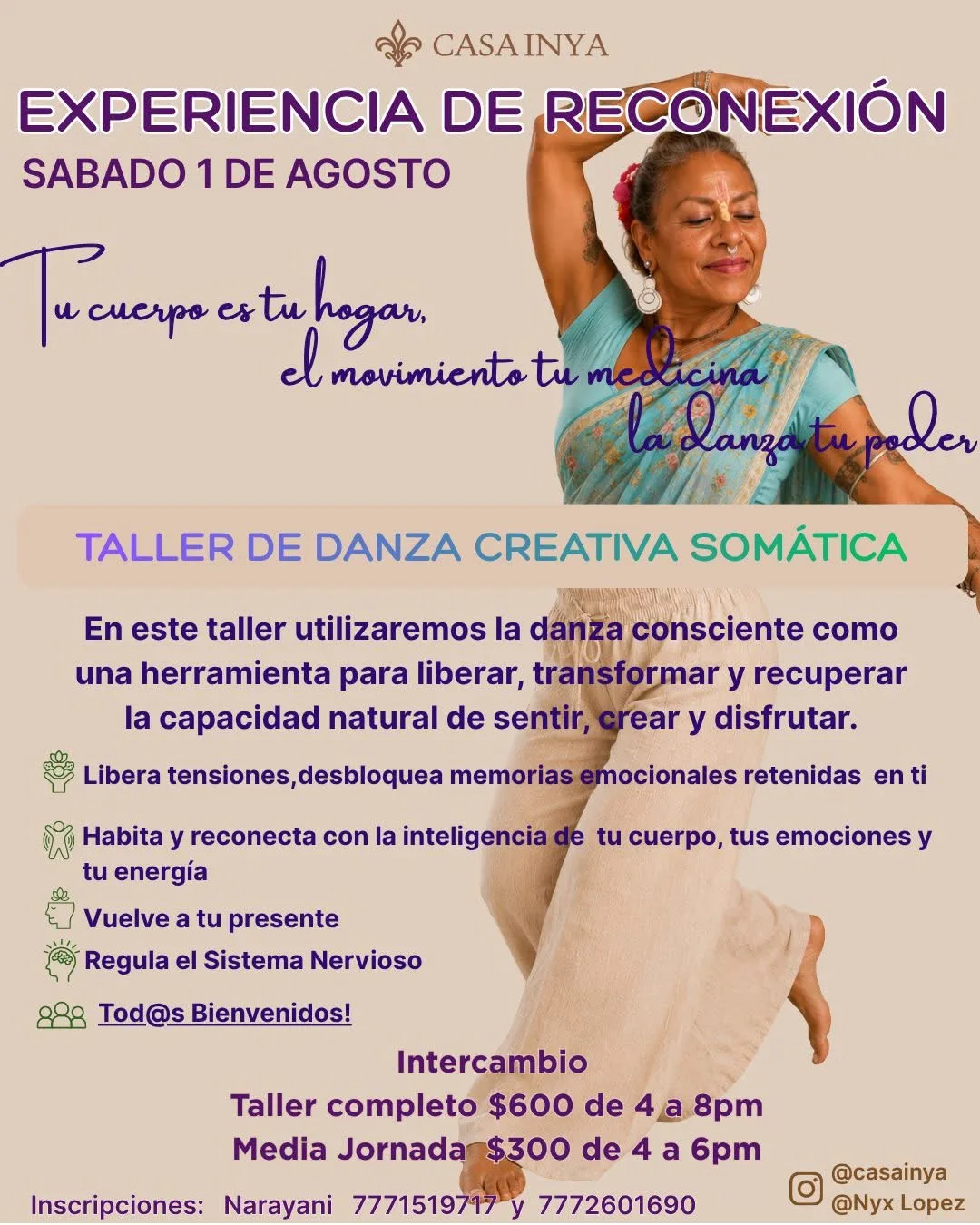 Cartel de experiencia de reconexión y danza creativa en Casa Inya